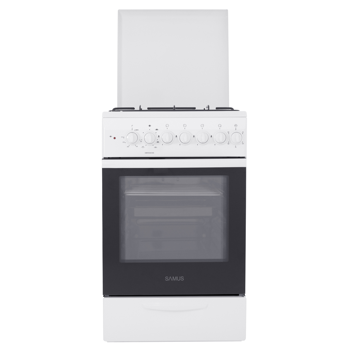 Aragaz Samus SM 550 AENS, Mixt, 4 arzatoare gaz, Siguranţă plită, Cuptor electric static, 48 L, Sertar inferior vase, Capac metal, 50x54 cm, Alb